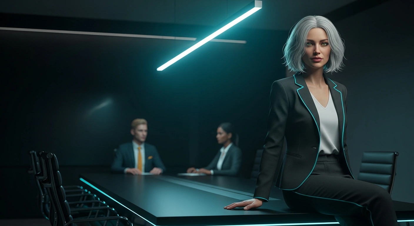 EVE seated on a sleek black boardroom table looking at you, with department heads Sterling and Sienna in conversation across the table